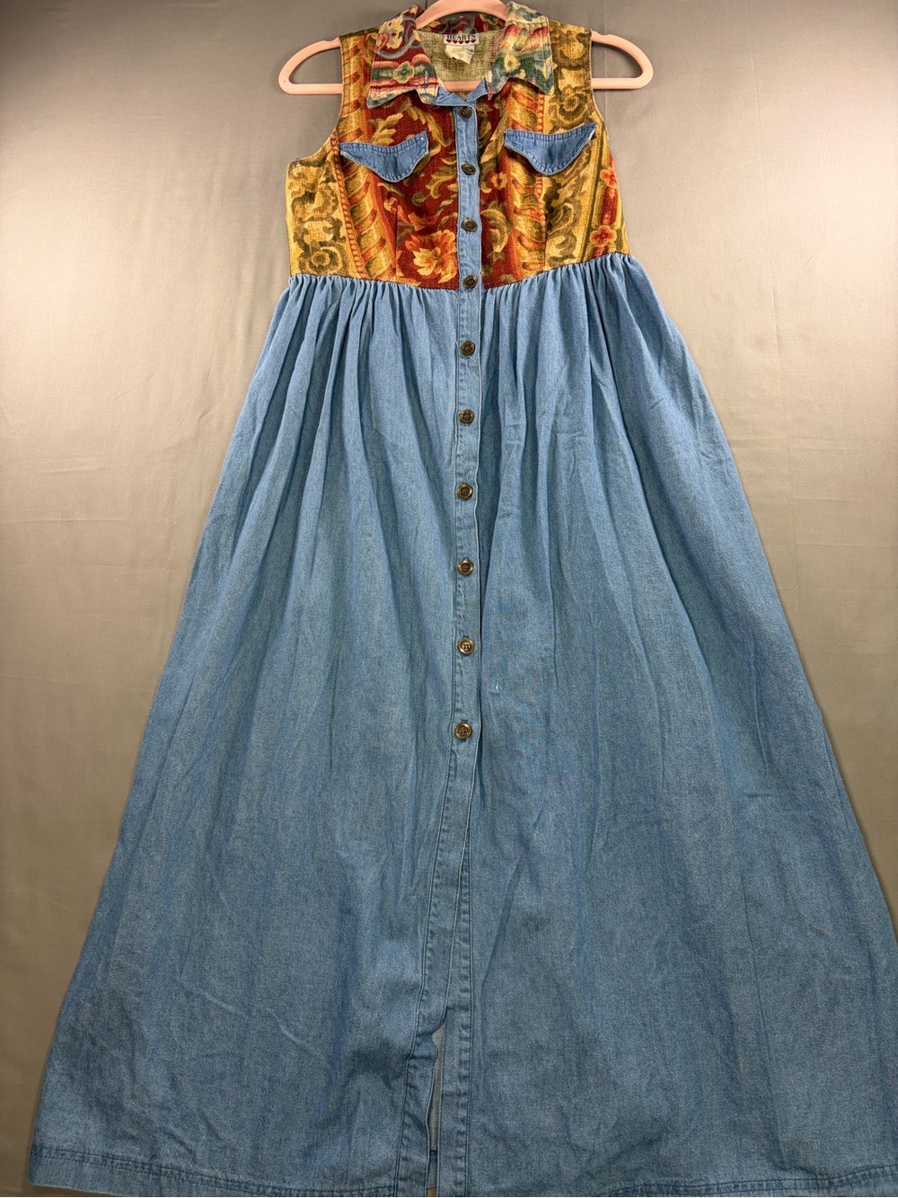Vintage 90s Tapestry & Denim Button-Front Maxi Dress
